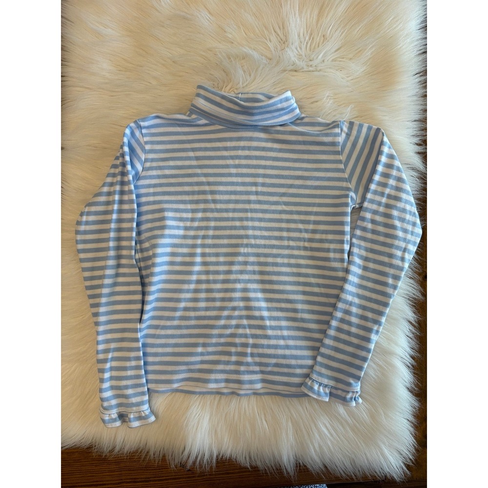 Classic Prep white and blue turtle neck with ruffled hem at wrist size 8 EUC